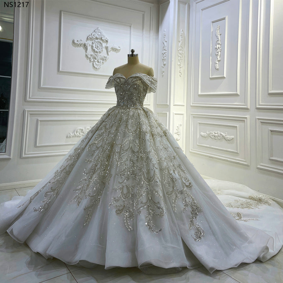 Princess Wedding Dresses Crystal Off Shoulder Lace Ball Bridal