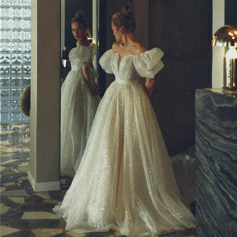 Shiny Glitter Wedding Dresses with Puff Short Sleeve Vintage Bride Dre –  AiSO BRiDAL
