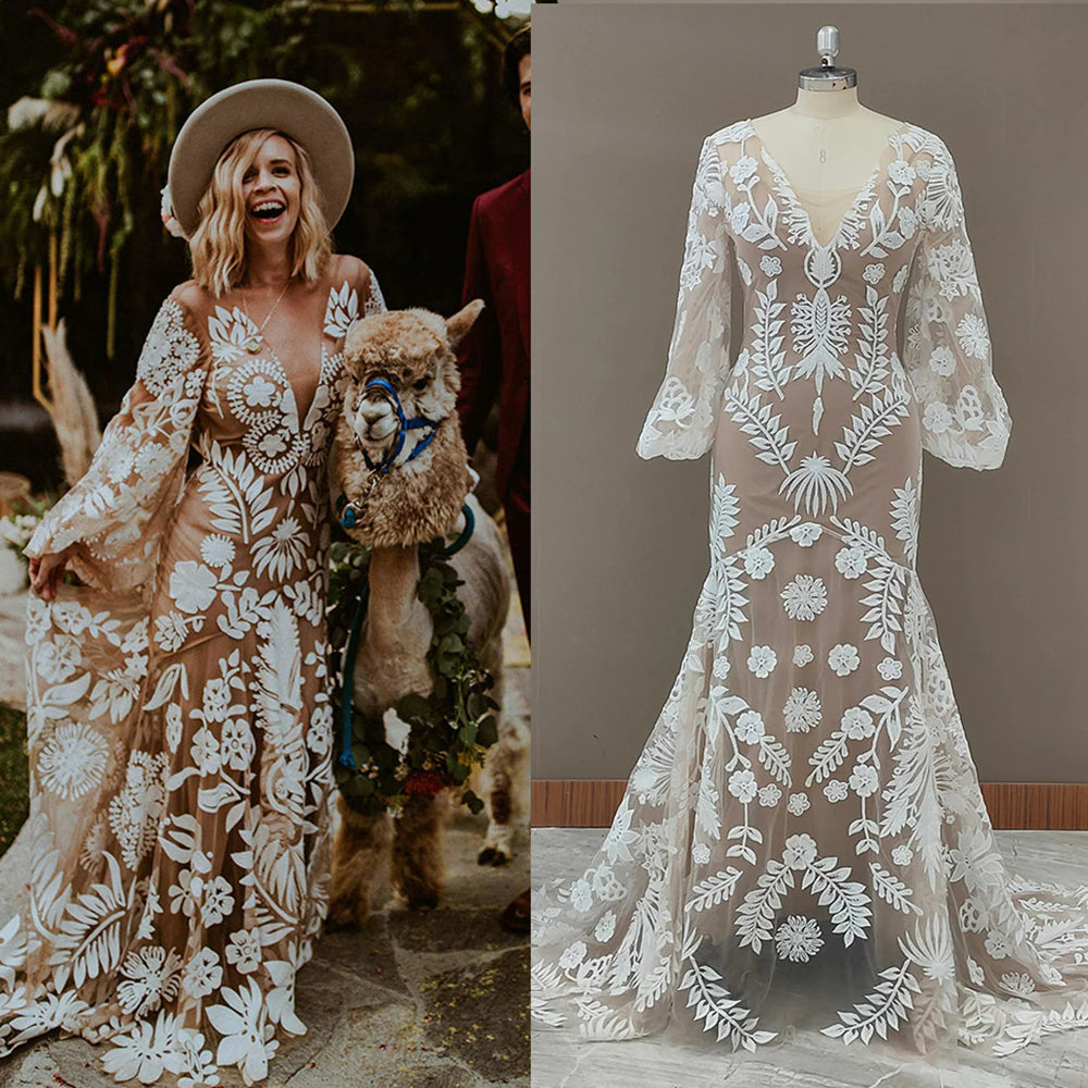 Boho Outdoor Destination V Neck Wedding Dress Two Pieces Slip Lace Rob –  AiSO BRiDAL