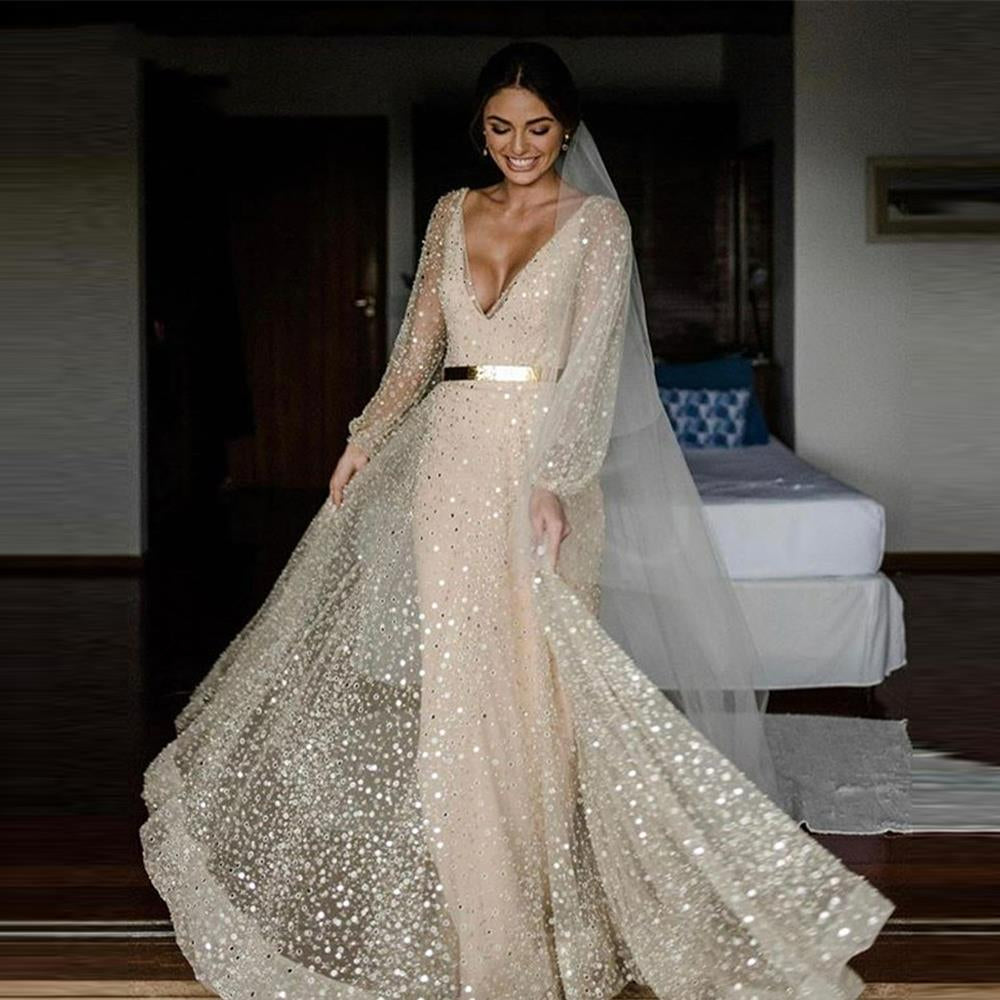 Shiny Bridal Veil Long Luxury Gold Bridal Wedding Veil Champagne Sequins
