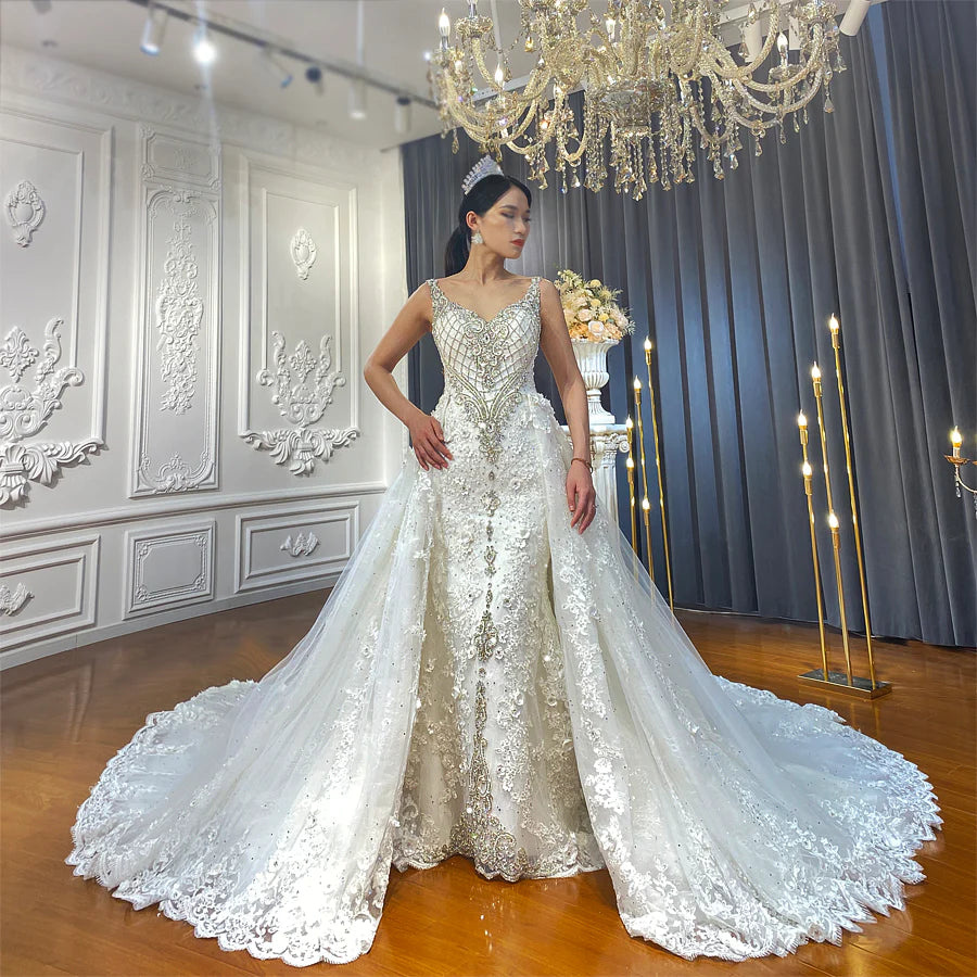 Detachable Train Mermaid Wedding Dress Crystal Sequined Beaded Royal Train  Low Back Luxury Bespoke