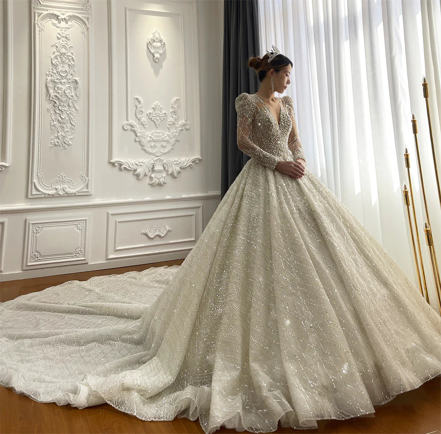 Heavy Beading V-Neck Long Train Wedding Dress Long Sleeve Luxury Desig –  AiSO BRiDAL