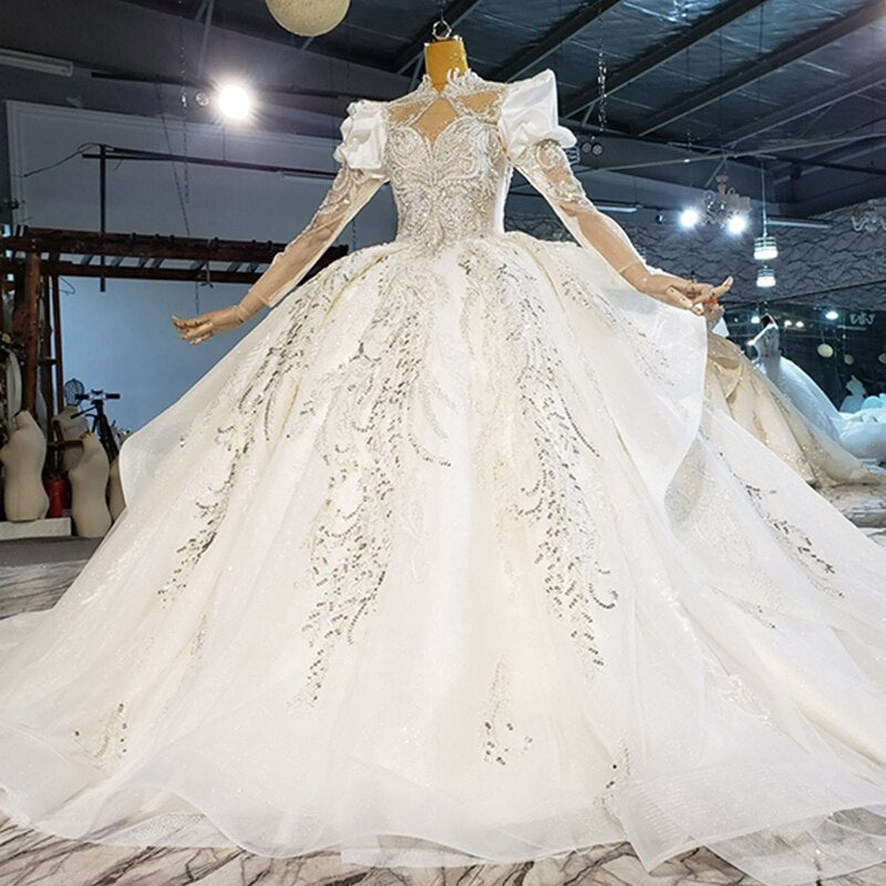 Elegant Long Sleeve Bridal Wedding Dress High Neck Transparent Lace Ho –  AiSO BRiDAL