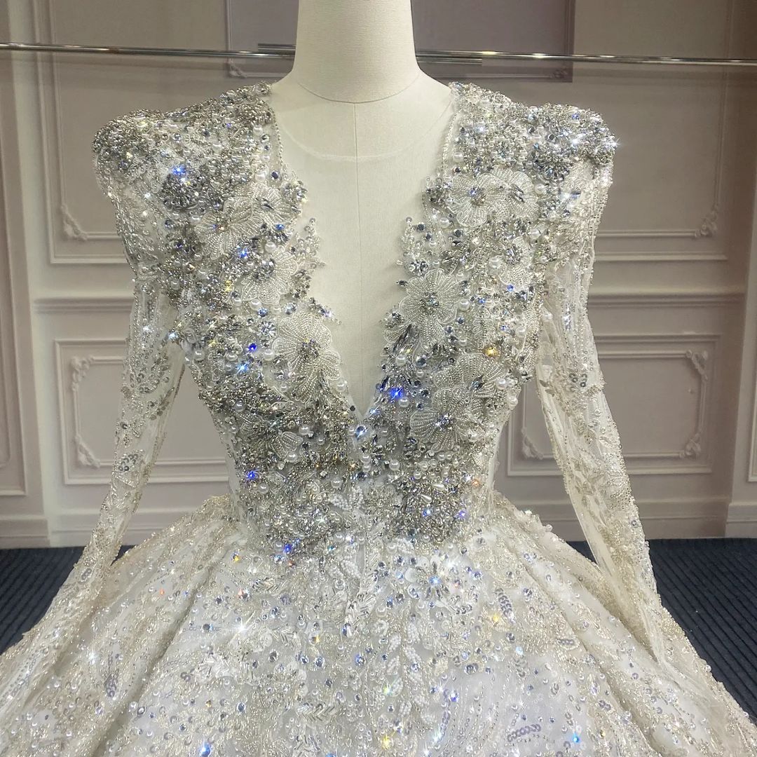 Bling Rhinestone Long Sleeve Women Lace Bridal Princess Ball Gown