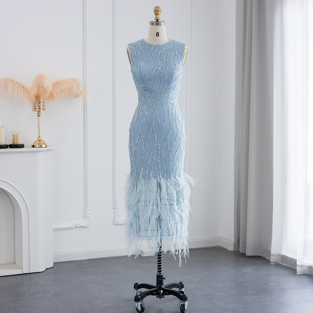 Elegant Light Blue Lace Midi Evening Dress with Feathers Beading Women Black Formal Dresses for Wedding Party SS499