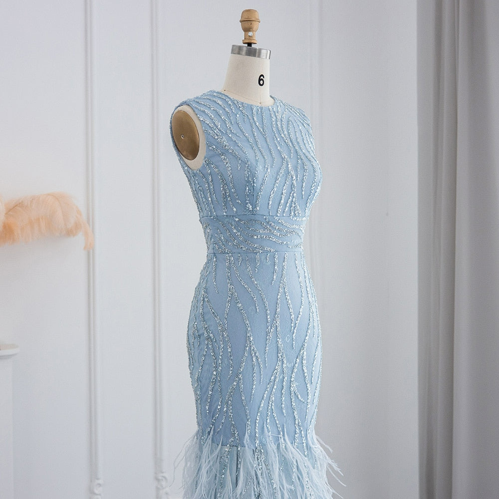 Elegant Light Blue Lace Midi Evening Dress with Feathers Beading Women Black Formal Dresses for Wedding Party SS499