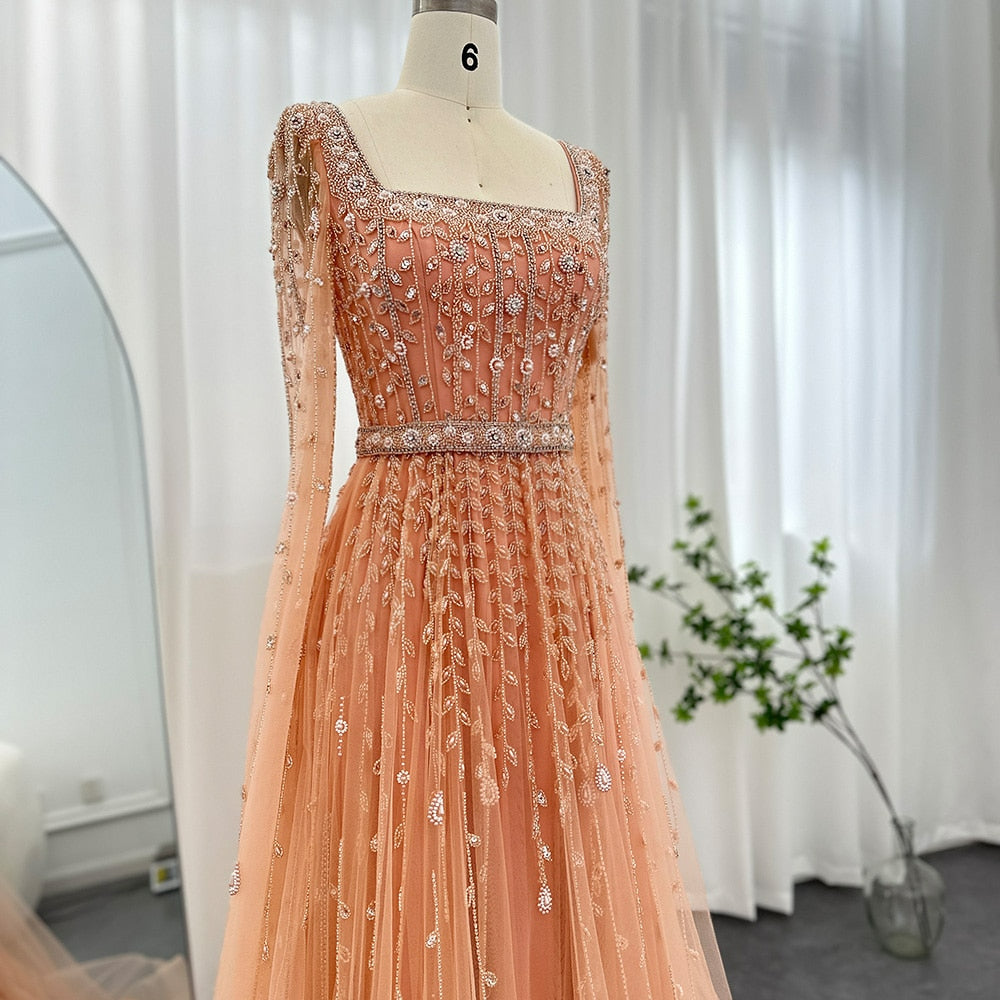 Modest Muslim Pink Line Square Neck Beaded Luxury Dubai Evening Dress Gown CLA71803A