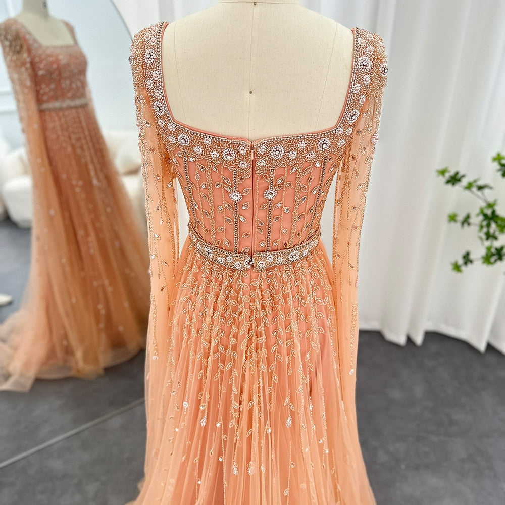 Modest Muslim Pink Line Square Neck Beaded Luxury Dubai Evening Dress Gown CLA71803A