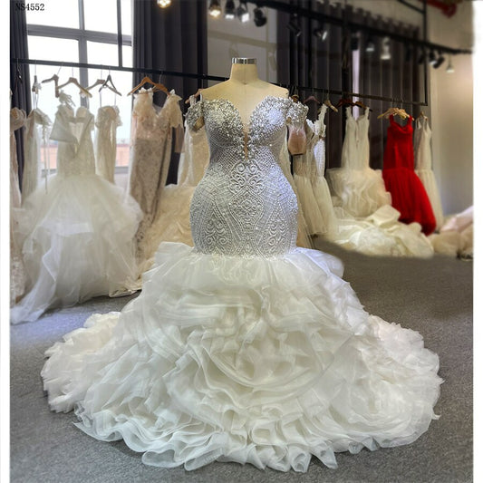 NS4552 Off The Shoulder Beading Mermaid Wedding Dress Ruffles Skirt Aiso Bridal