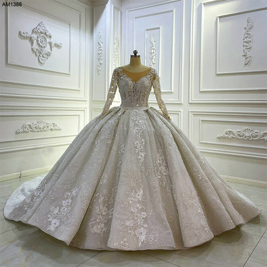 AM1386 Royal Long Sleeve V-neck Applique Lace Glitter Tulle Ball Gown Wedding Dress