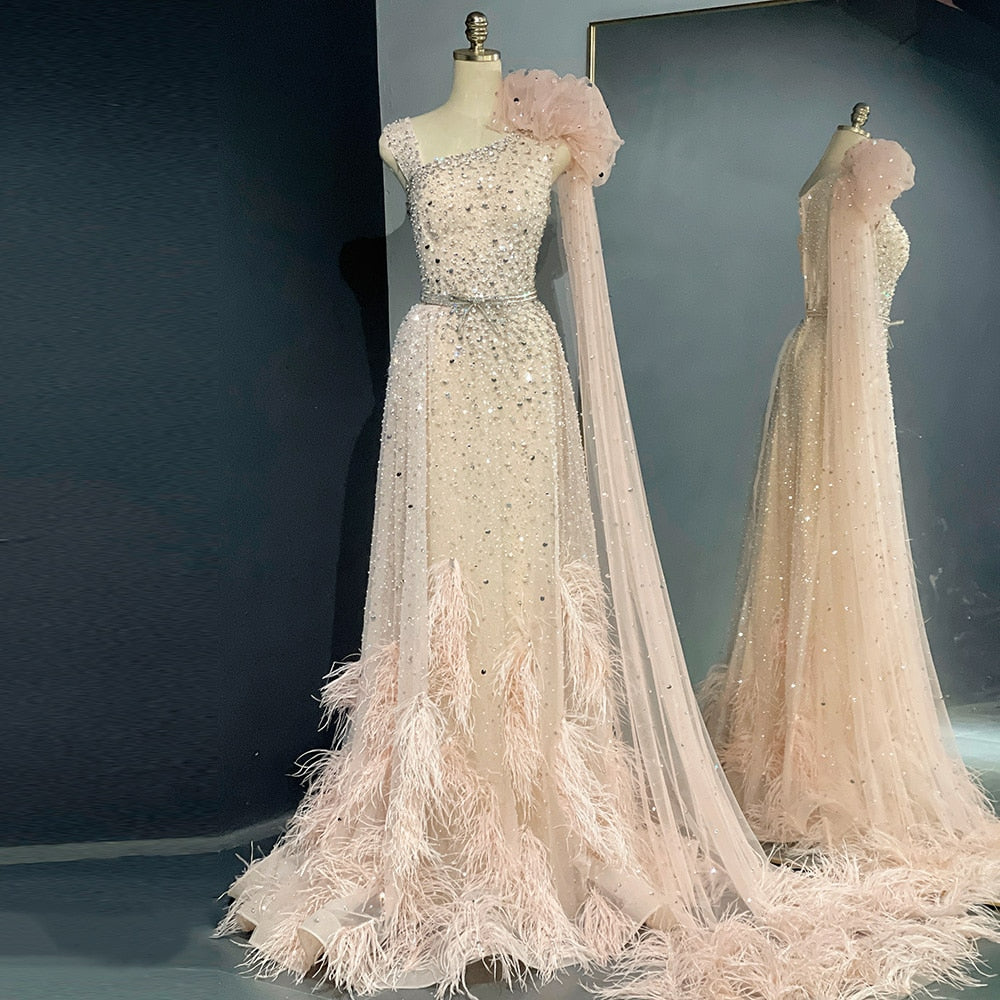 Blush Pink Feathers Luxury Dubai Evening Dress with Cape Elegant Arabic Women Long Wedding Formal Party Gowns SS570