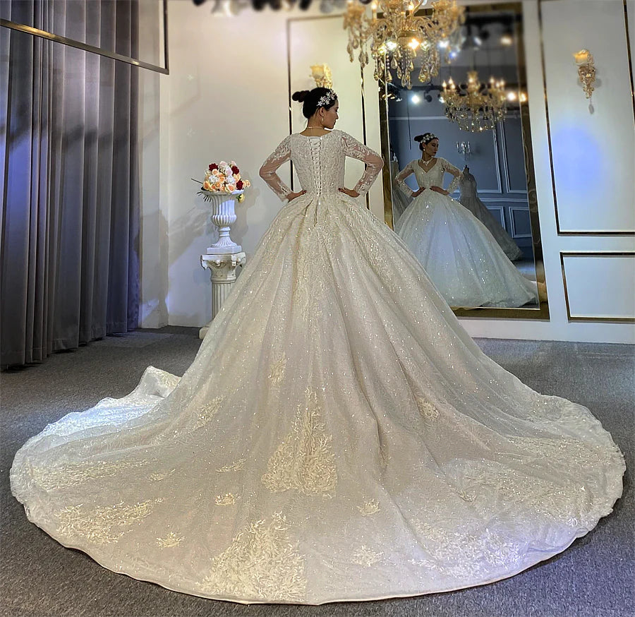 AM601 Long Sleeve Lace Appliques Ball Gown Wedding Dress