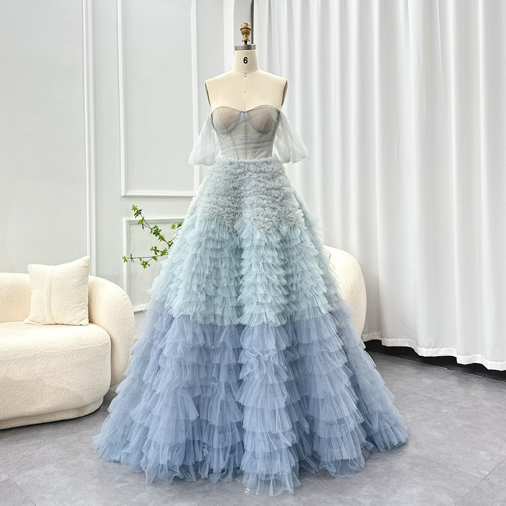 Chic Blue Ombre Tiered Ruffles Evening Dresses Luxury Dubai Ball Gown Prom Dress for Women Wedding Party SF086