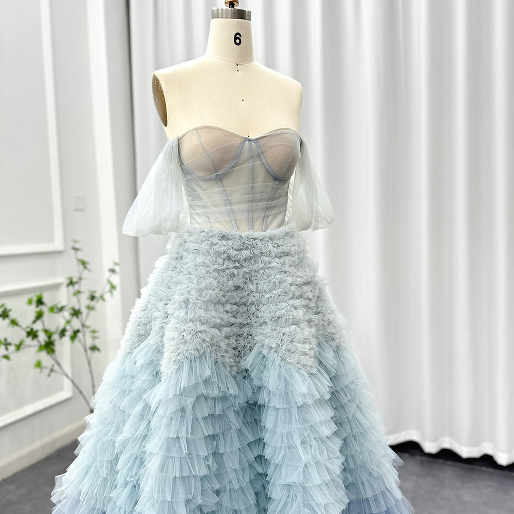 Chic Blue Ombre Tiered Ruffles Evening Dresses Luxury Dubai Ball Gown Prom Dress for Women Wedding Party SF086