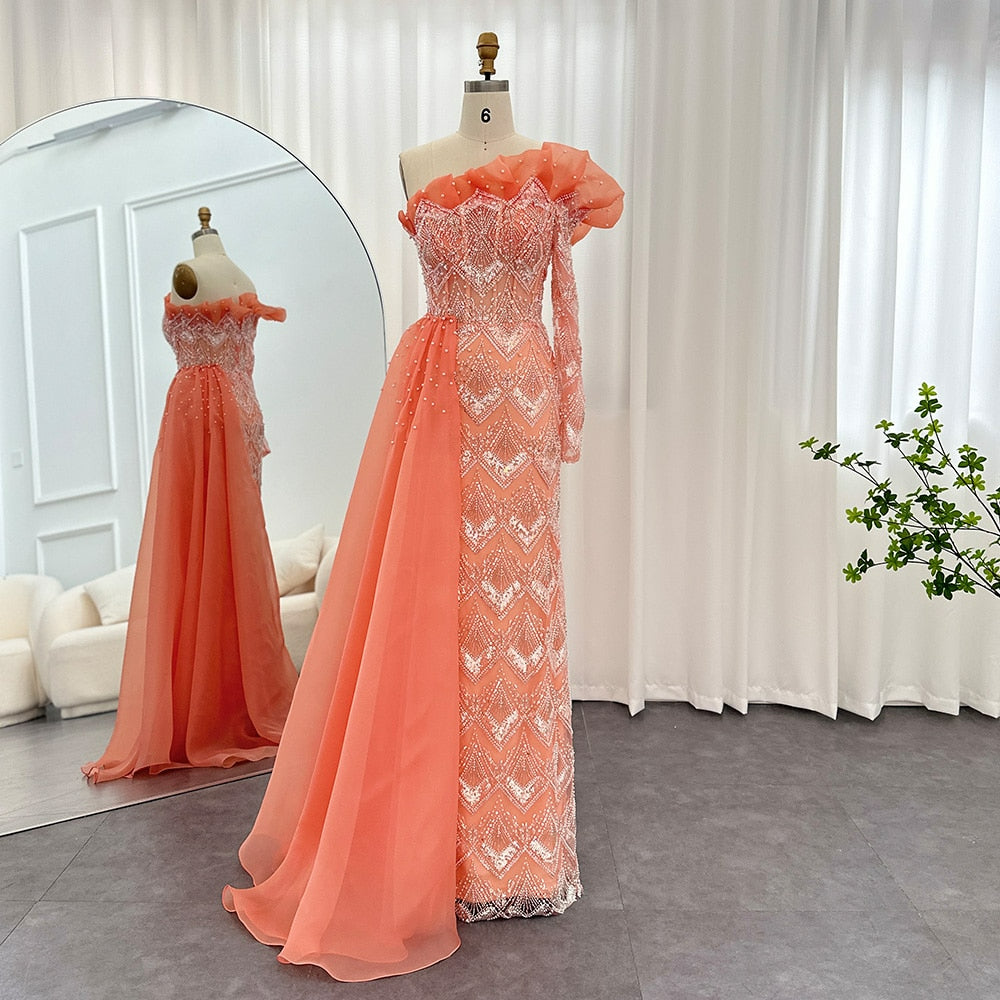 Luxury Dubai Coral Evening Dresses for Women Elegant Scalloped One Shoulder Formal Party Gown SS370