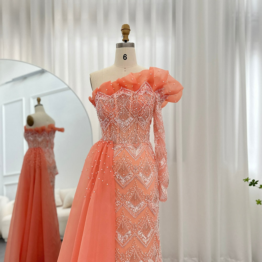 Luxury Dubai Coral Evening Dresses for Women Elegant Scalloped One Shoulder Formal Party Gown SS370