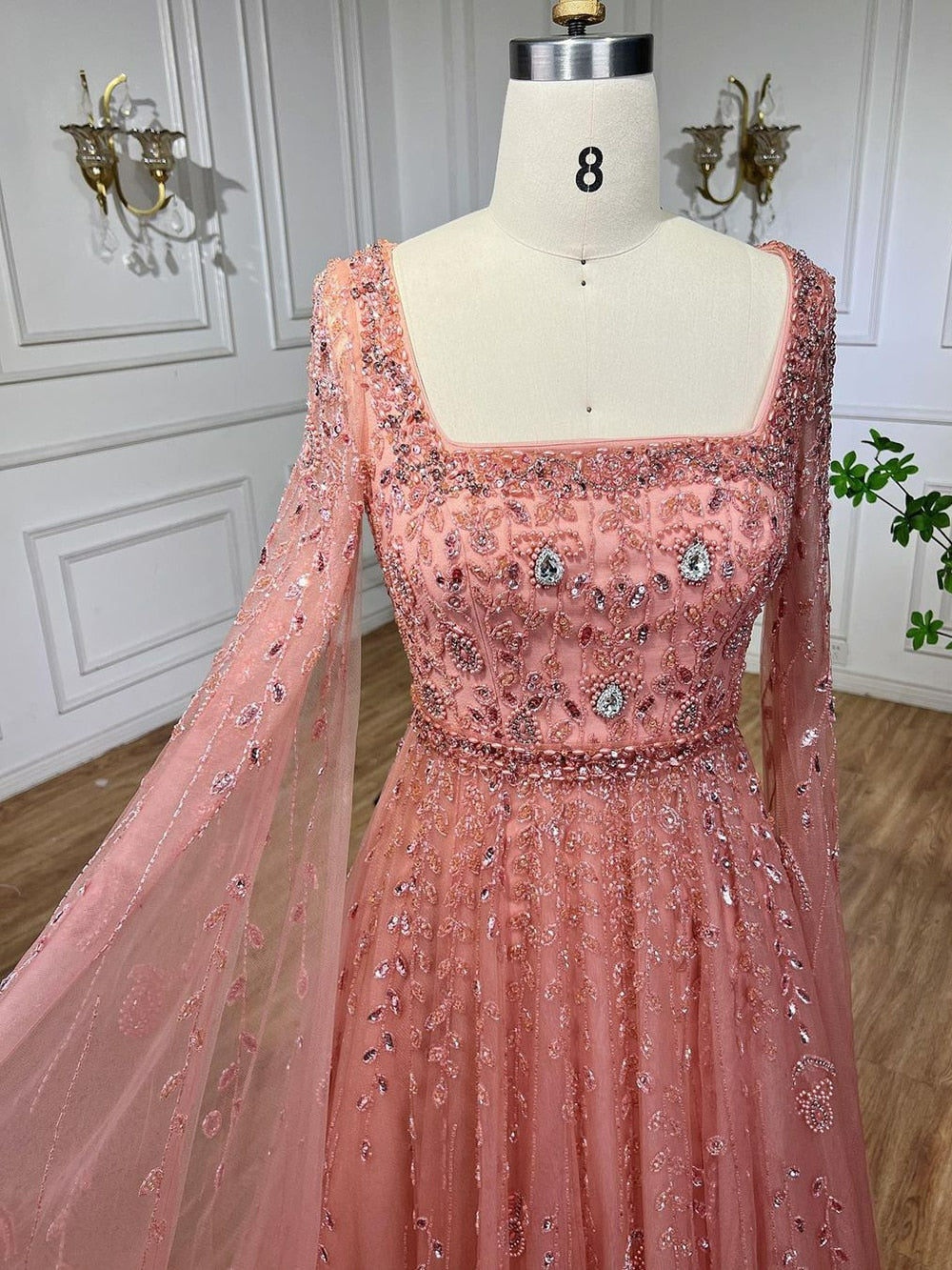 Modest Muslim Pink Line Square Neck Beaded Luxury Dubai Evening Dress Gown CLA71803A