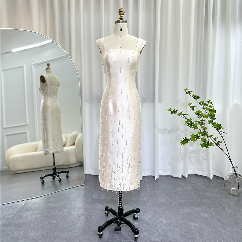 Arabic Beige Satin Midi Short Evening Dress Luxury Dubai Crystal Tassel Women Wedding Formal Party Gowns SS308