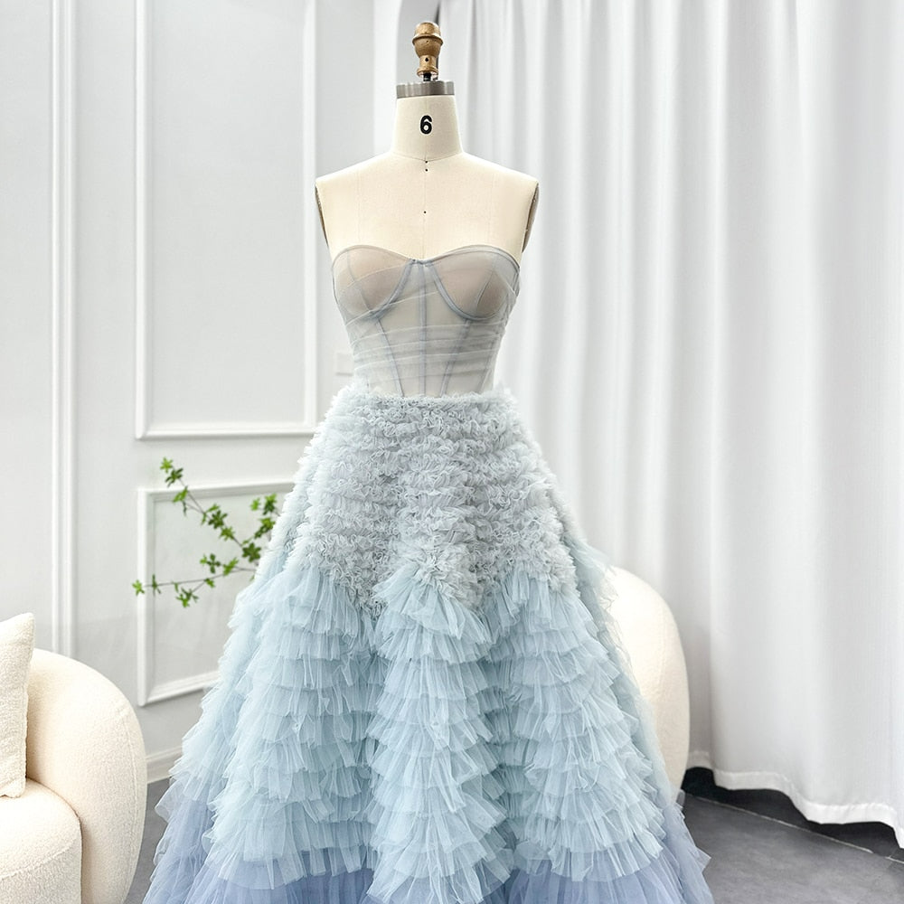 Chic Blue Ombre Tiered Ruffles Evening Dresses Luxury Dubai Ball Gown Prom Dress for Women Wedding Party SF086