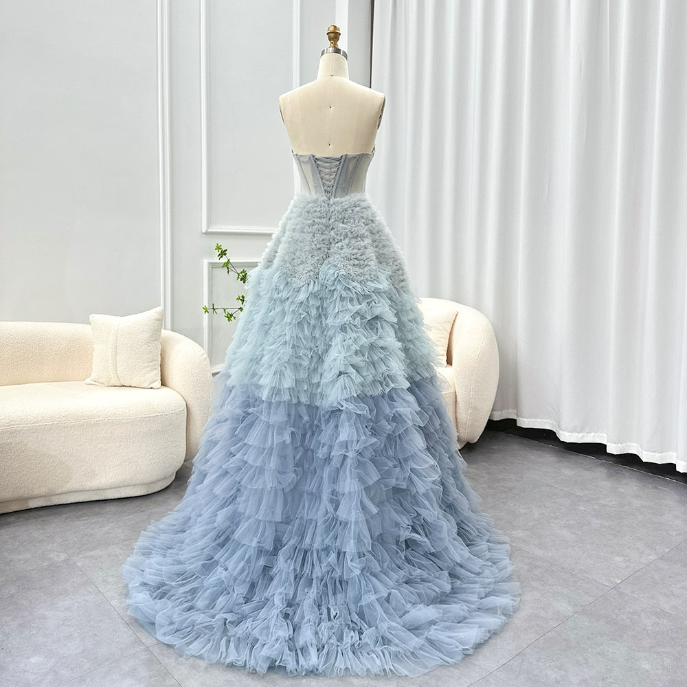 Chic Blue Ombre Tiered Ruffles Evening Dresses Luxury Dubai Ball Gown Prom Dress for Women Wedding Party SF086