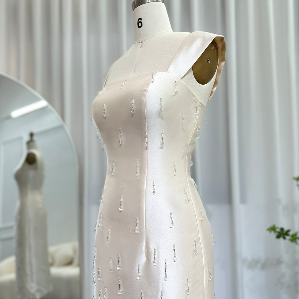 Arabic Beige Satin Midi Short Evening Dress Luxury Dubai Crystal Tassel Women Wedding Formal Party Gowns SS308