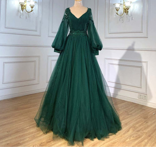 Green Lantern Sleeve Evening Dresses Gowns A-Line Beaded Luxury For Women Wedding Party LA71477