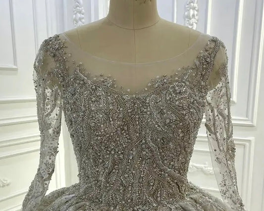 AM1368 Luxury Long Sleeve Round Neck Full Beading Ball Gown Wedding Dress