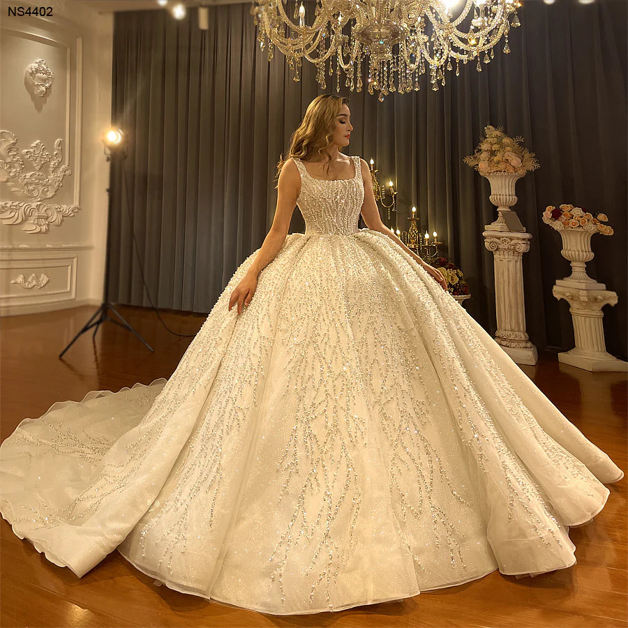 NS4406 Pearl Beaded Square Neckline Long Sleeve Ball Gown Luxury Wedding Dress