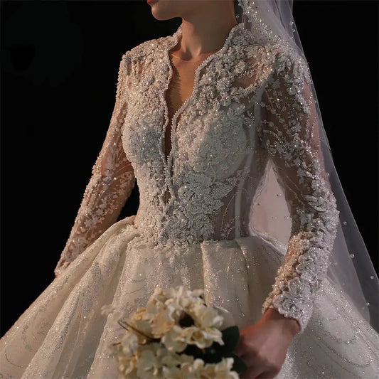 All Pearl Beaded Luxury Couture Ball Gown Wedding Dress Long sleeves lace wedding dress with royal long train