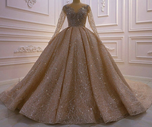AM688 Glitter Applique Long Sleeve Affordable luxury Ball Gown Wedding Dress