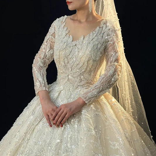 Long Sleeve Crystal Applique Designer Affordable Luxury Ball Gown Wedding Dress Pearls decoration