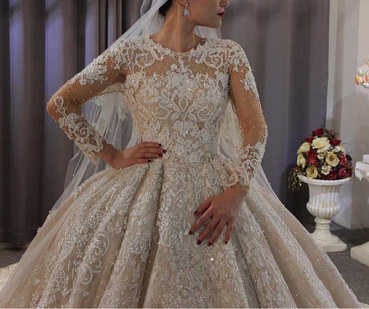 AM587 Haute Couture Pearl Beaded Crystal Beaded Luxury Backless Long Sleeve Ball Gown Wedding Dress