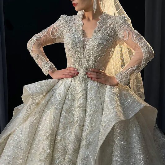 NS4466 Long sleeve shiny luxury ball gown wedding dress Aiso Bridal