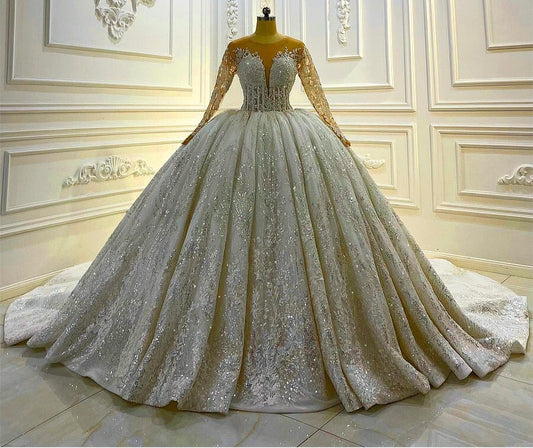 AM1075 illusion Ball Gown Glitter Sparkle Low V neck Luxury Affordable Wedding Dress Lace Applique