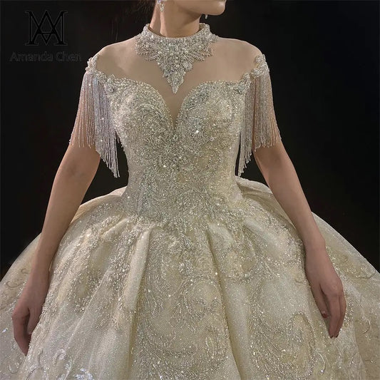 Fashion France Luxury Wedding Dress Crystal shiny shimmery Heavy Beading Aiso Bridal
