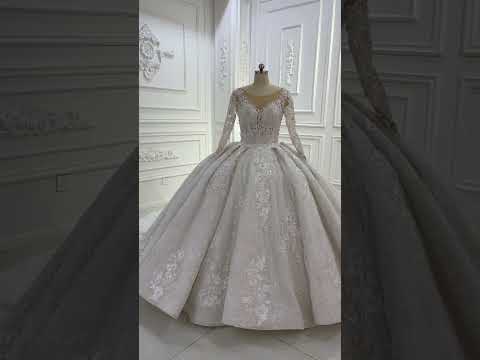 AM1386 Royal Long Sleeve V-neck Applique Lace Glitter Tulle Ball Gown Wedding Dress