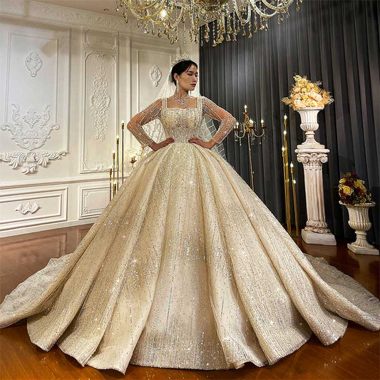 Long sleeve luxury ball gown shiny wedding dress