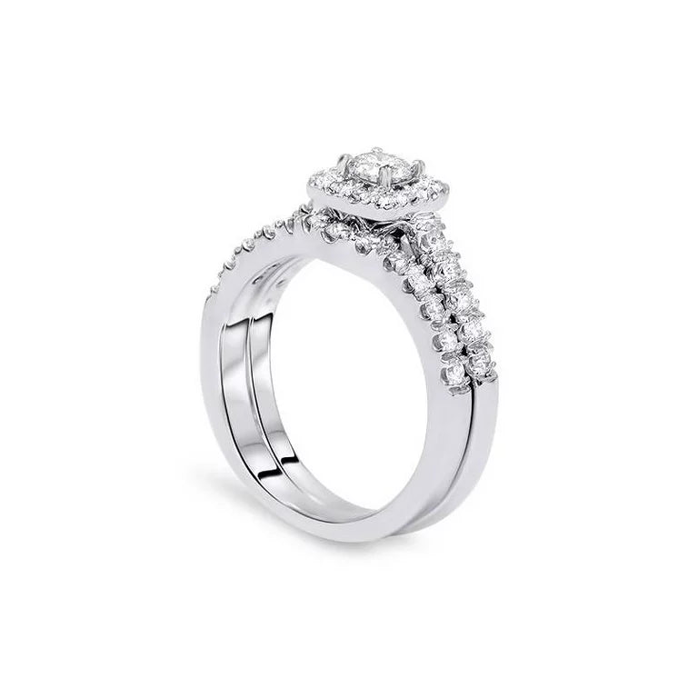 1 1/4Ct Cushion Halo Diamond Engagement Matching Wedding Ring Set 14K White Gold