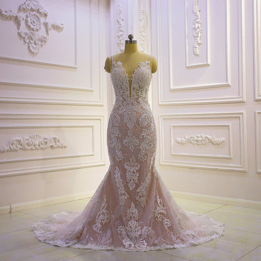 AM1000 Lace Appliques Champagne Wedding Dress with Detachable Skirt