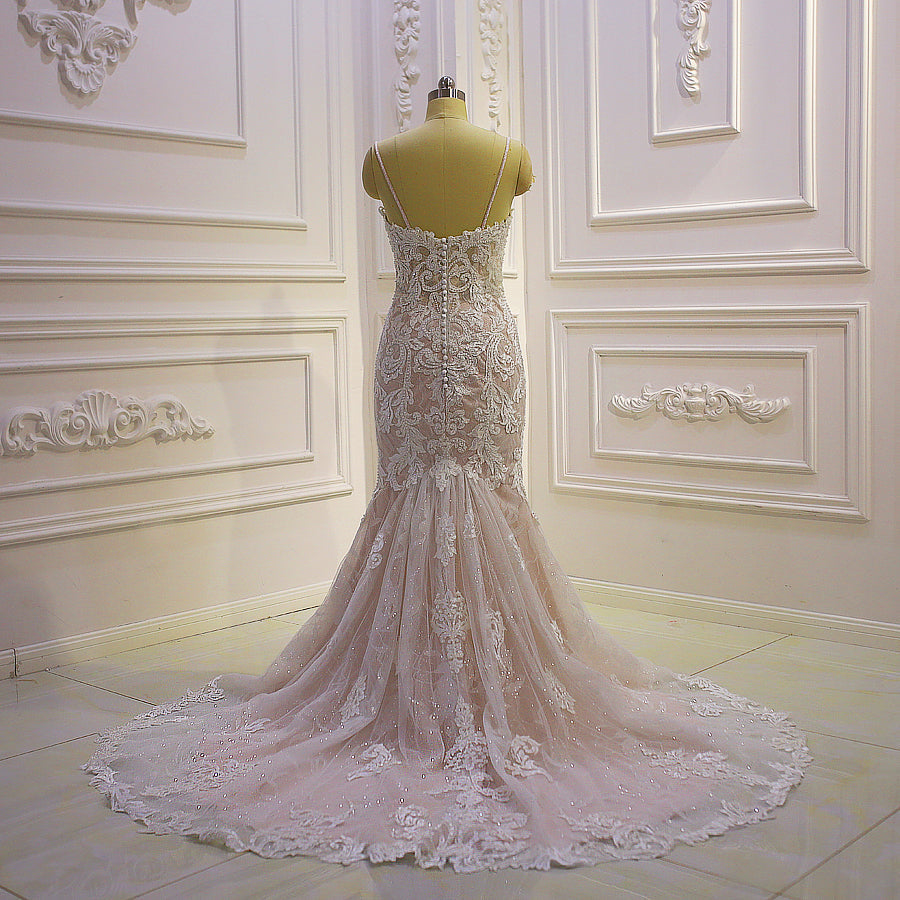 AM1000 Lace Appliques Champagne Wedding Dress with Detachable Skirt
