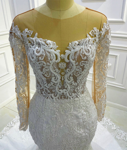 AM1007 Long Sleeve Lace Applique Keyhole Back Mermaid Sheer Wedding Dress