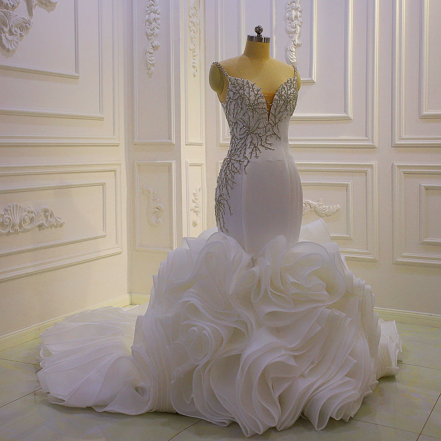 AM1022 Off Shoulder Lace Applique Glitter Luxury Long Train Wedding Dress
