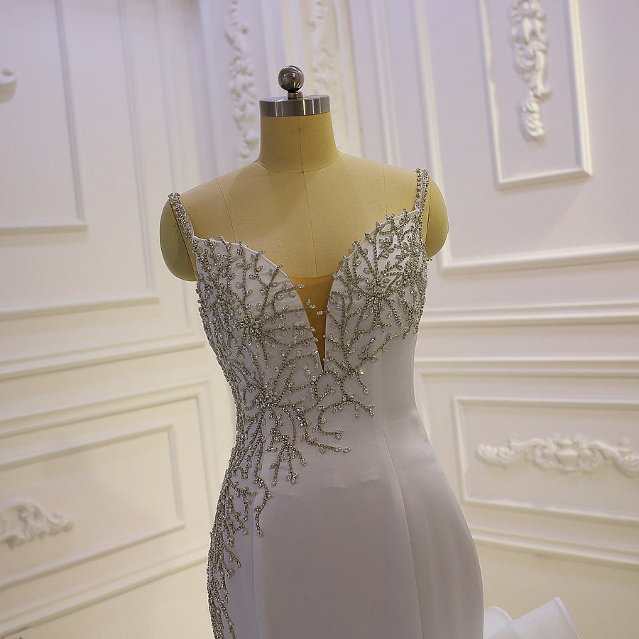 AM1022 Off Shoulder Lace Applique Glitter Luxury Long Train Wedding Dress