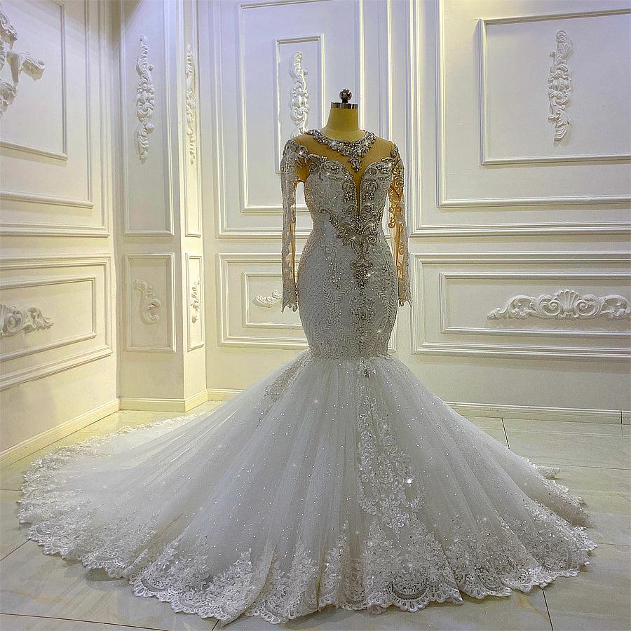 AM1032 Long Sleeve Lace Applique Crystal beaded  Mermaid Wedding Dress