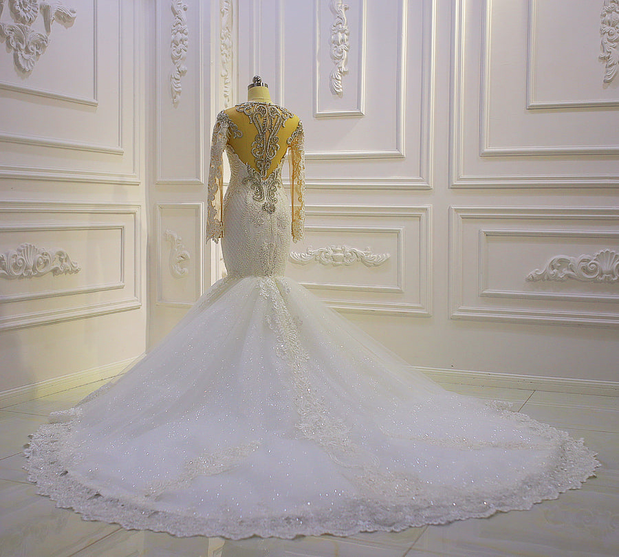 AM1032 Long Sleeve Lace Applique Crystal beaded  Mermaid Wedding Dress