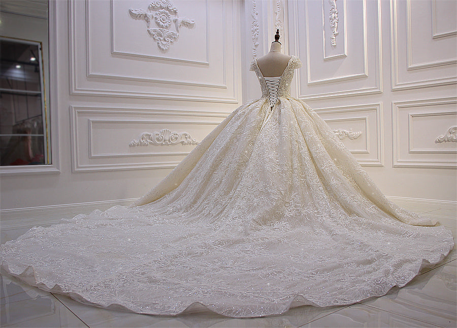 AM105 Short Sleeve Lace Appliques Crystal Luxury Empire Wedding Dress