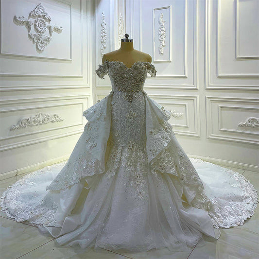 AM1062 High Quality Off Shoulder Lace Appliques 3D Flowers Detachable Skirt Wedding Dress