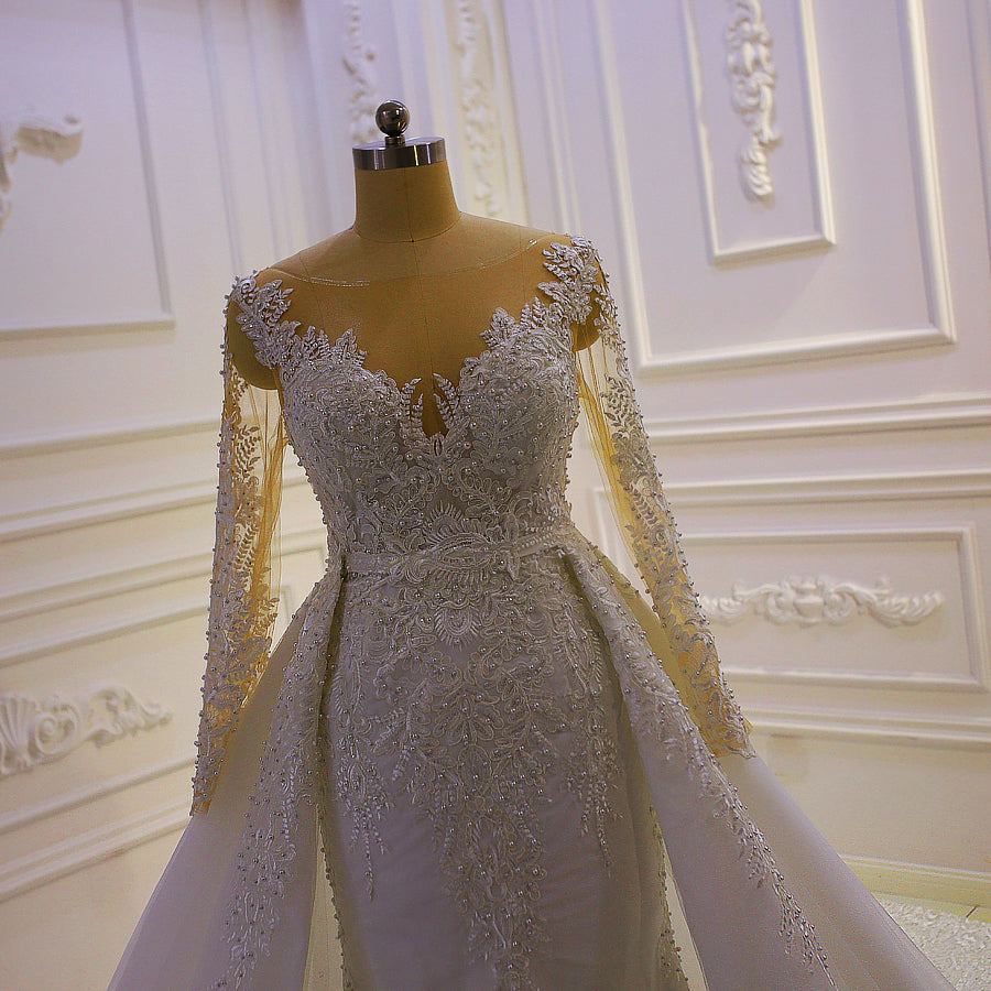 AM1071 2 in 1 Long Sleeve Lace Appliqued Mermaid Detachable Skirt Wedding Dress