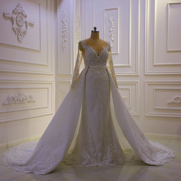 AM1071 2 in 1 Long Sleeve Lace Appliqued Mermaid Detachable Skirt Wedding Dress