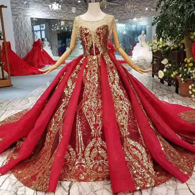 Short Sleeves Crystal Golden Lace Dubai Style Luxury Red Evening Dress